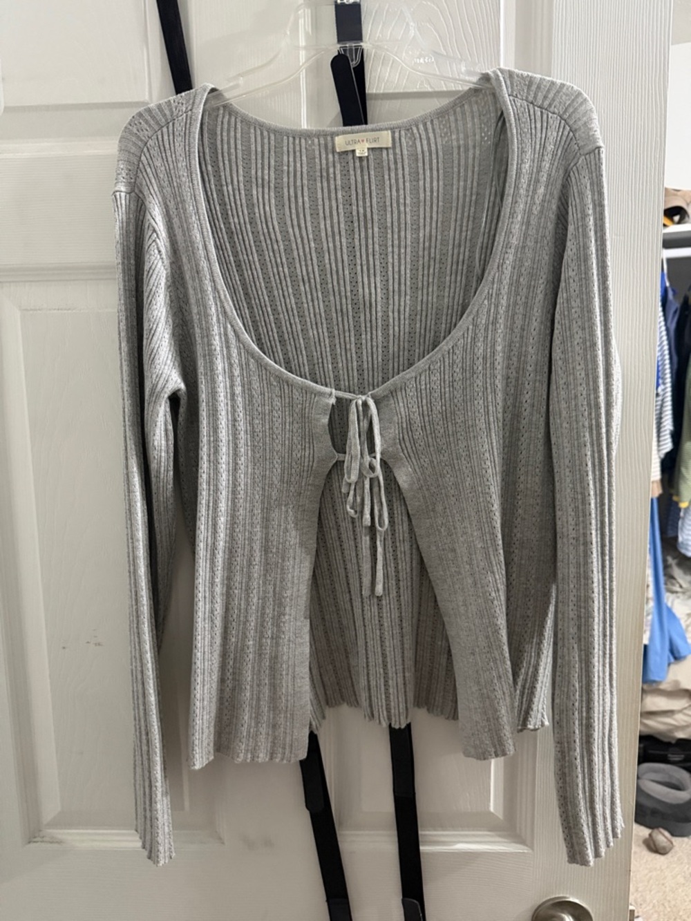 Light Gray Ribbed Tie-Front Cardigan